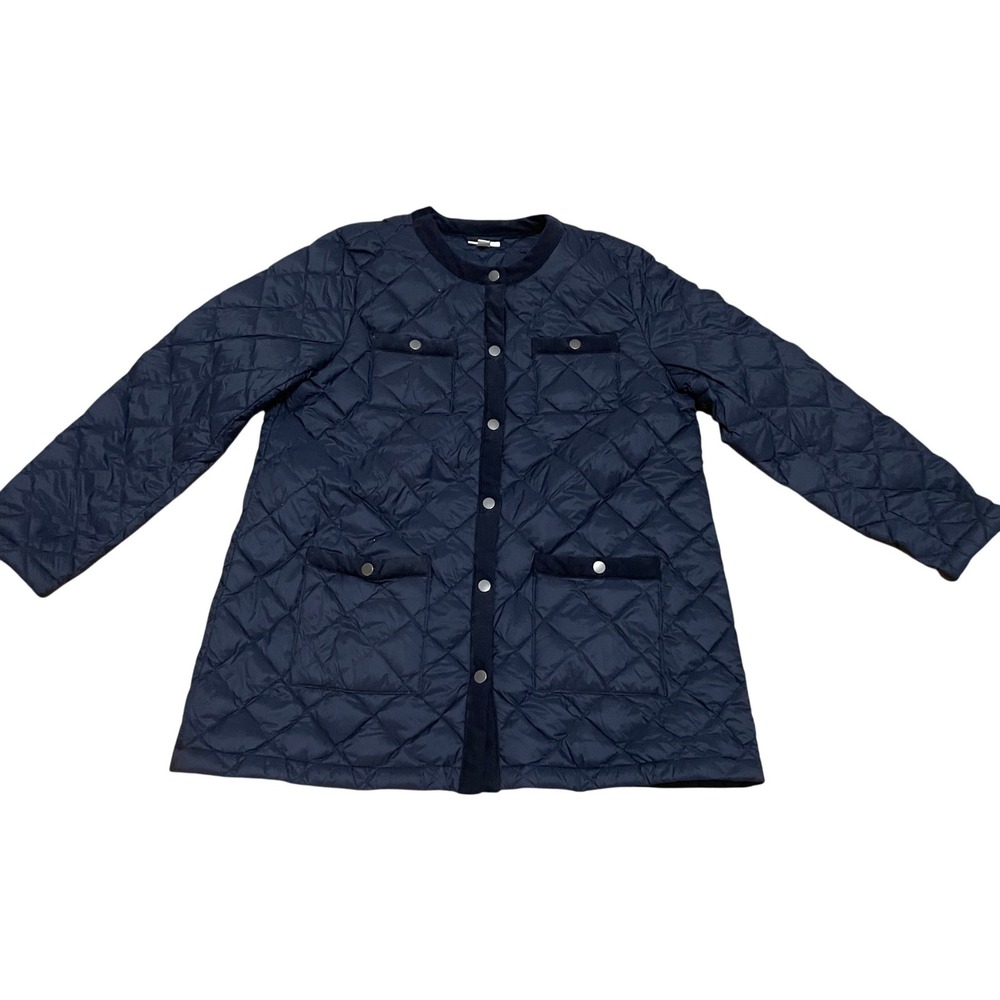 J. Jill Women's Petite Medium Navy Blue Quilted Down Barn Jacket Corduroy Trim
